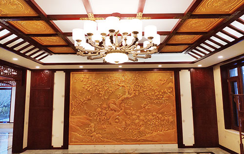 黔西南中式别墅客厅中式木作横梁吊顶装饰展示