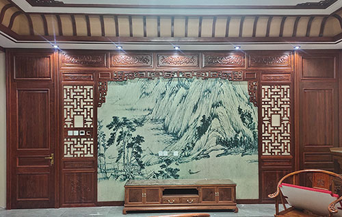 黔西南中式仿古别墅客厅背景墙花格木作装饰